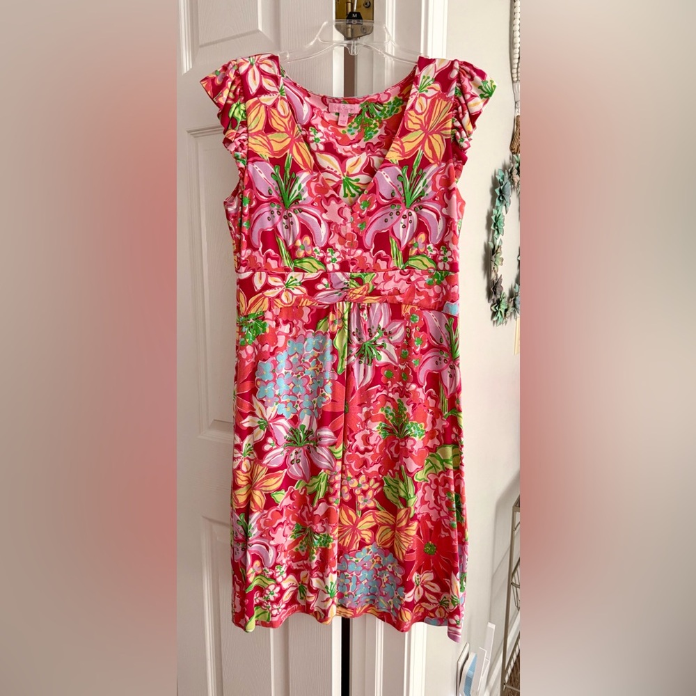 LILLY PULITZER CHERRY AZALEA PINK MARIPOSA DRESS! Flutter sleeve! SZ Small!